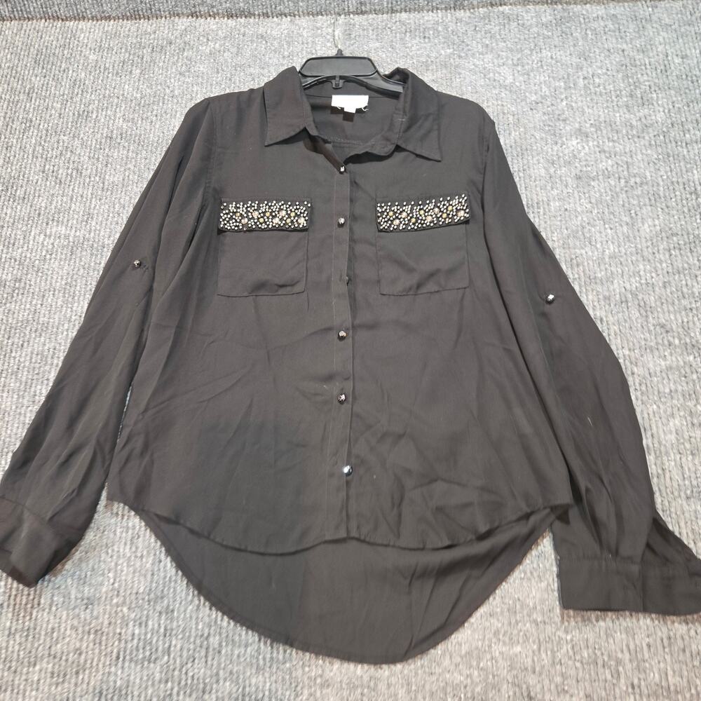 Geri C New York Womens Medium Black Rhinestone Button Down Blouse Shirt